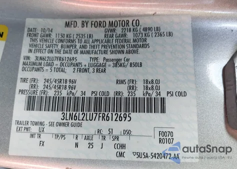 2015 Lincoln Mkz Hybrid z USA, uszkodzony, nr VIN 3LN6L2LU7FR612695